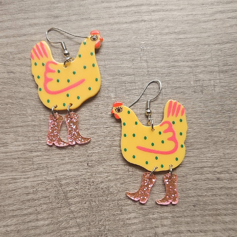 Pigness & Company Yellow Chicken Earrings with Pink Glitter Boots